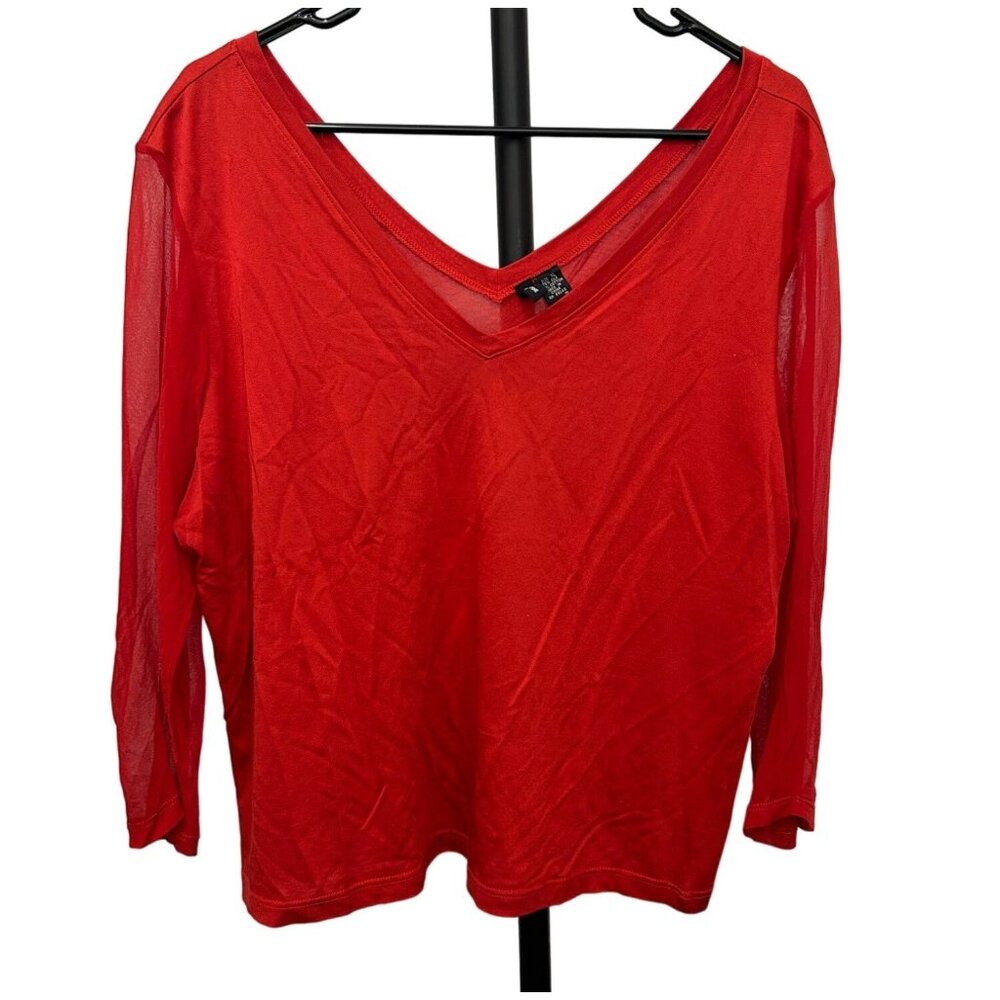Lynne Ritchie Womens Red Silk Cotton Blend V-Neck Sheer Sleeve Top Sz XL